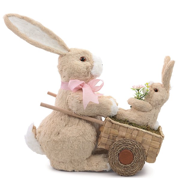 Coelha de Palha Italiana com Carriola e Filhote 46x20x52cm - Coleção Banoffee - Ref 1015813 Cromus
