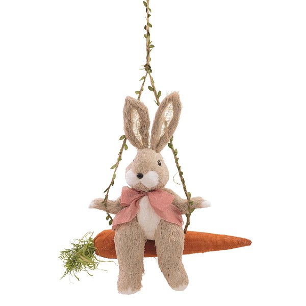 Coelho de Palha Italiana Sentado no Balanço de Cenoura 37x38x13cm - Coleção Banoffee - Ref 1016097 Cromus