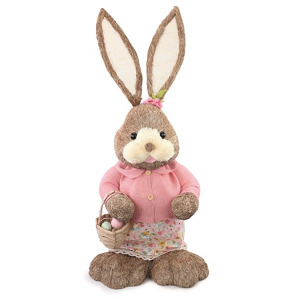 Coelha de Palha Gigante Segurando Cesta de Ovos 92x43x29cm - Coleção Cannoli - Ref 1024420 Cromus