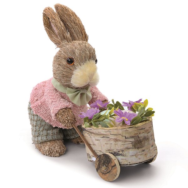 Coelho de Palha com Carriola de Flores 21x9x25cm - Coleção Palmier - Ref 1015924 Cromus