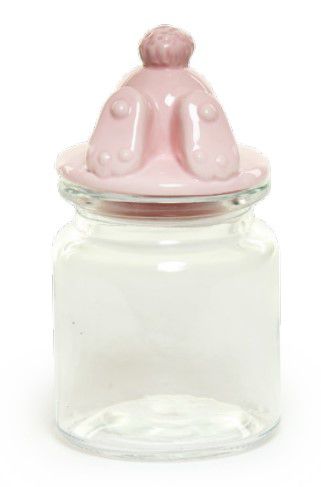 Pote de Vidro com Tampa de Cerâmica e Pezinho Coelho Rosa 250Ml 15x8x8cm - Ref 1823971 Cromus