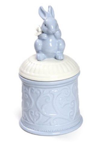 Pote de Cerâmica Trabalhado com Tampa e Coelho Sentado Azul 17x8x8cm - Coleção Drops - Ref 1820473 Cromus