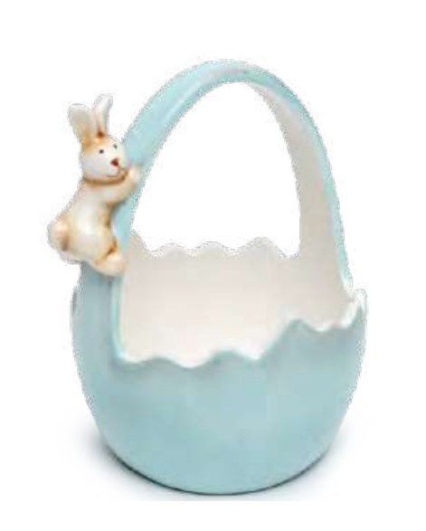 Cestinha de Cerâmica Formato Ovo com Alça e Coelho Azul 15x12.5x11cm - Coleção Coconut - Ref 1014669 Cromus