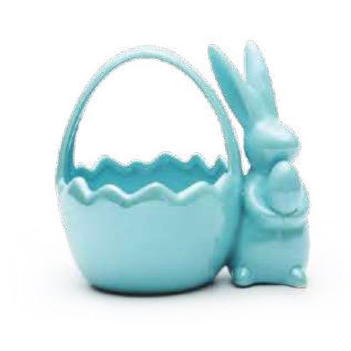 Cestinha de Cerâmica Formato Ovo com Alça e Coelho Azul 15x12x16cm - Coleção Perola - Ref 1014807 Cromus