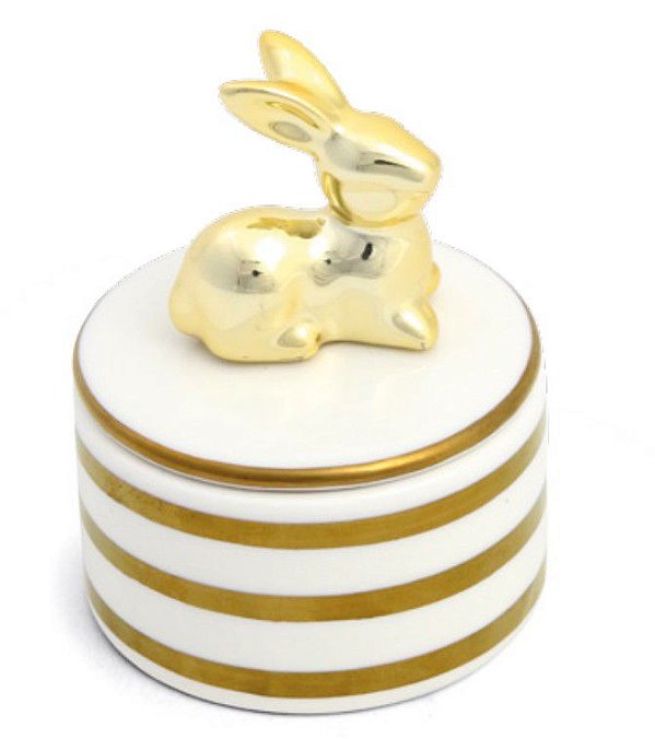 Potinho Porta Joia de Cerâmica Branco e Dourado com Coelho na Tampa 8x7x7cm - Páscoa Dourada - Ref 1821586 Cromus