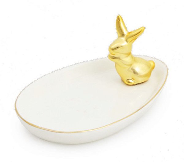 Prato de Cerâmica Ovo Branco com Borda Dourada e Coelho Dourado 5x13x8cm - Páscoa Dourada - Ref 1820115 Cromus