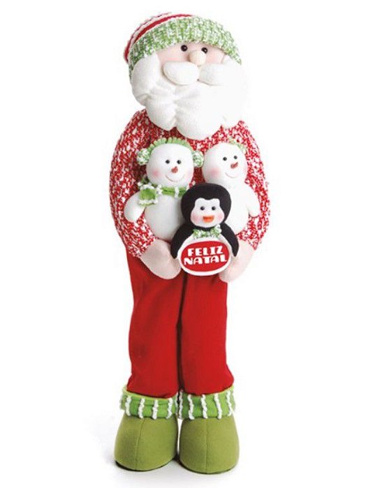 Papai Noel em Pé Segurando Bonecos de Neve e Pinguim 75cm - Coleção Orlando - Ref 1510318 Cromus