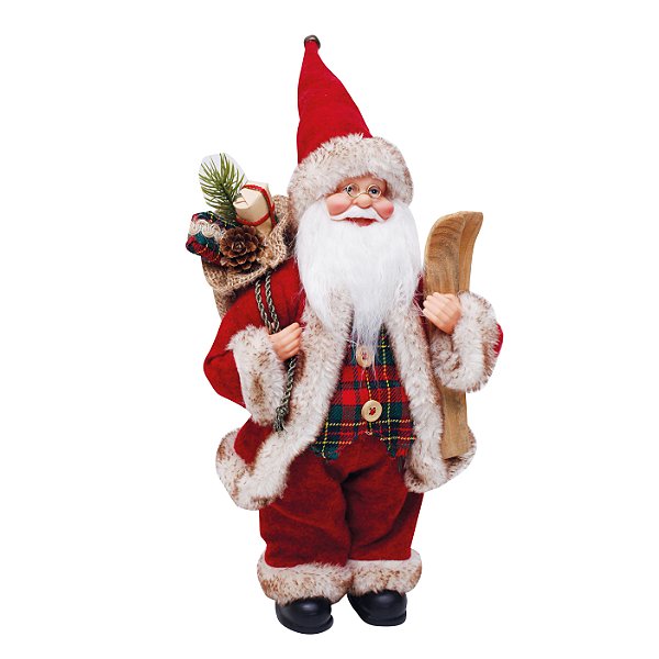 Papai Noel em Pé com Colete Xadrez, Segurando Esqui e Saco de Presentes 30cm - Coleção Noeis - Ref 1921977 Cromus