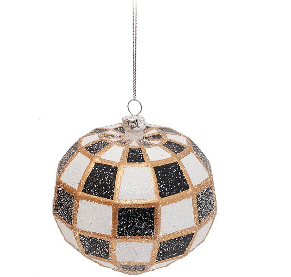 Enfeite de Pendurar Pião Geométrico Preto, Branco e Dourado 8cm com 1 Un - Ref 1205499 Cromus