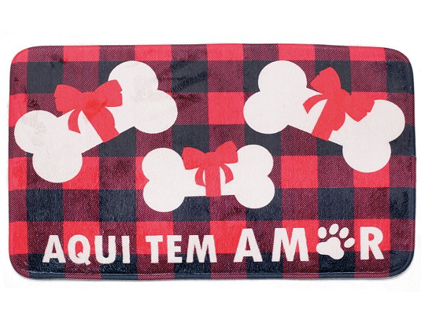 Tapete Xadrez Preto e Vermelho Antiderrapante Aqui tem Amor Pet 60x40cm - Natal Pet Mania - Ref 1924567 Cromus