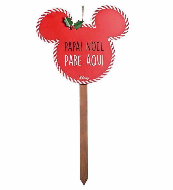 Placa Pick de Jardim Mickey Papai Noel Para Aqui 85x40cm - Natal Disney - Ref 1595090 Cromus