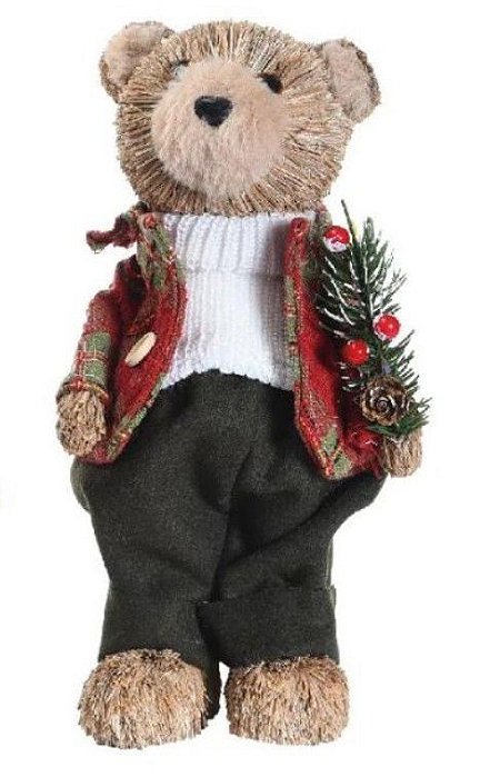 Urso de Palha em Pé com Colete Xadrez Verde e Vermelho Segurando Galho 26cm - Coleção Windsor - Ref 1108077 Cromus