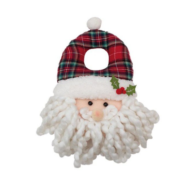 Enfeite de Maçaneta Cabeça Papai Noel Gorro Xadrez 38x17x10cm - Coleção Inverness - Ref 1027190 Cromus