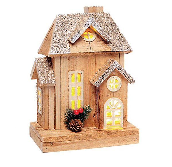 Casa de Madeira com Arranjo de Pinhas e Luz de Led 27x19x12cm - Casinhas - Ref 1017911 Cromus