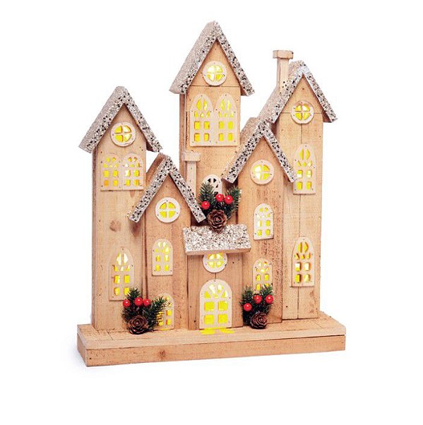 Casa de Madeira com Arranjo de Pinhas e Luz de Led 41x32x9cm - Casinhas - Ref 1017915 Cromus