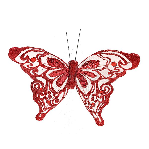 Clip Borboleta Decorativa de Organza Vermelho 15cm com 6Un - Borboletas - Ref 1551621 Cromus