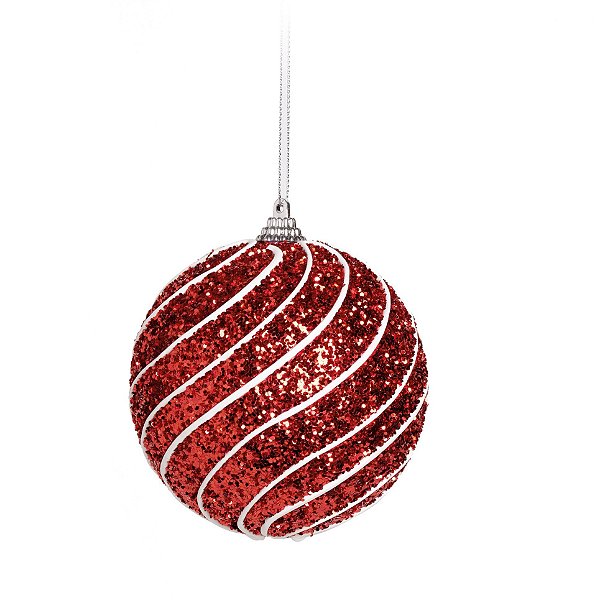 Bolas de Natal Vermelho Glitter com Listras Brancas 8cm Jogo com 6Un - Bolas Natalinas - Ref 1923656 Cromus