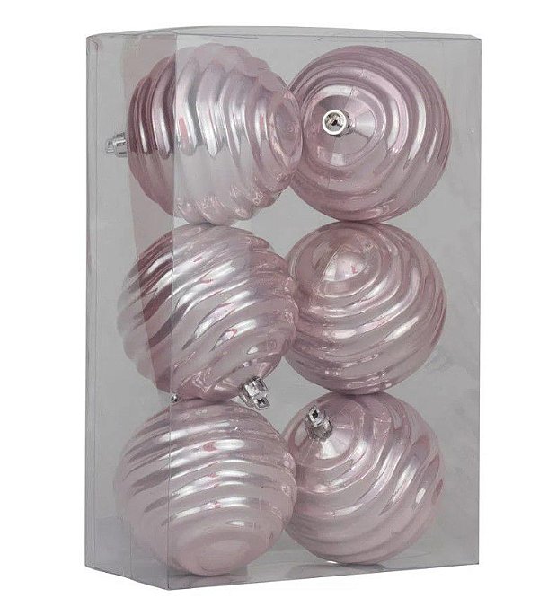 Bolas de Natal Ondas Rosa Claro 8cm Jogo com 6un - Bolas Natalinas - Ref 1019616 Cromus