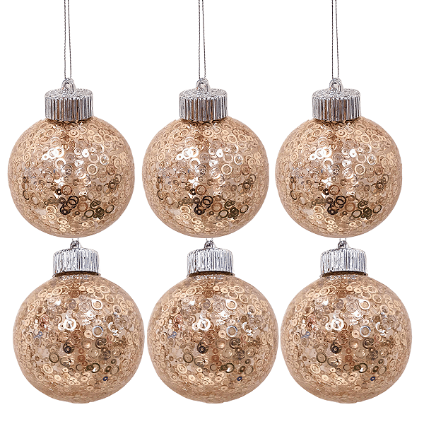 Bolas de Natal Transparente com Paetê Chá 8cm Jogo com 6 Unidades - Ref 1106657 Cromus