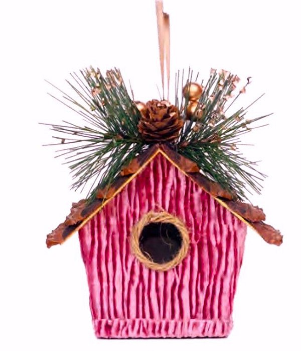 Enfeite Casinha de Passarinho Pink com Galhos 13x11x6cm - Ref 1016522 Cromus