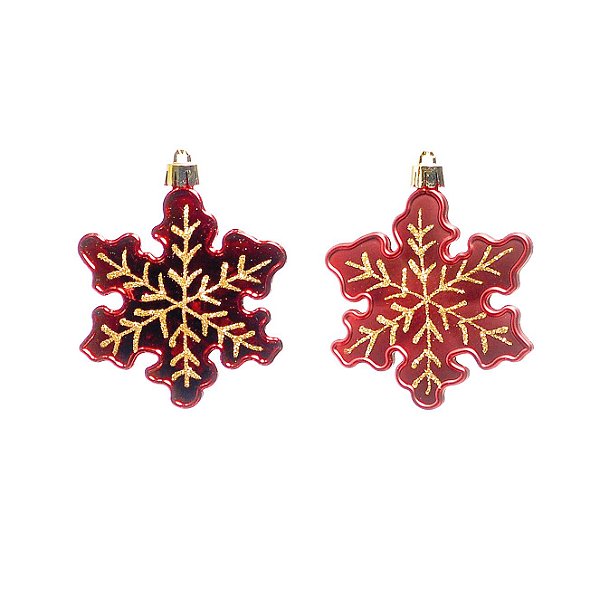 Enfeite de Pendurar Flocos de Neve Vermelho e Dourado 10x10x1cm Jogo com 3 Unidades - Ref 1690343 Cromus