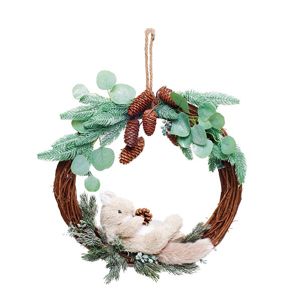 Guirlanda Decorada de Natal Esquilo Deitado Eucalipto 42x42x10cm - Ref 1921515 Cromus