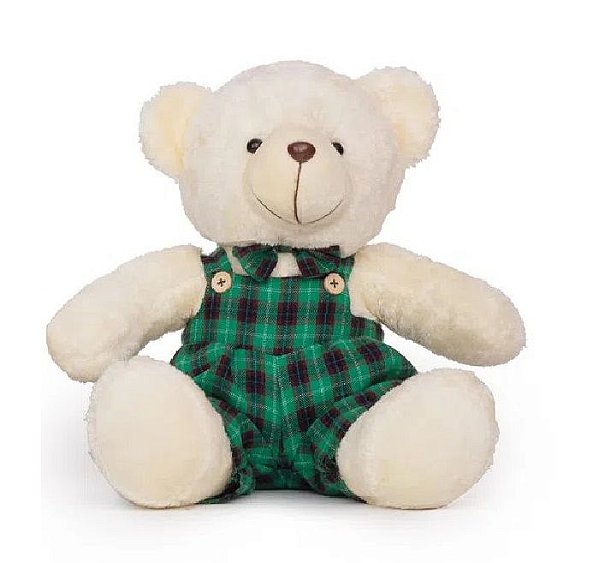 Urso de Pelúcia Bege com Macacão Xadrez Verde e Preto 32x28x25cm 1 Unidade - Ref 1017441 Cromus