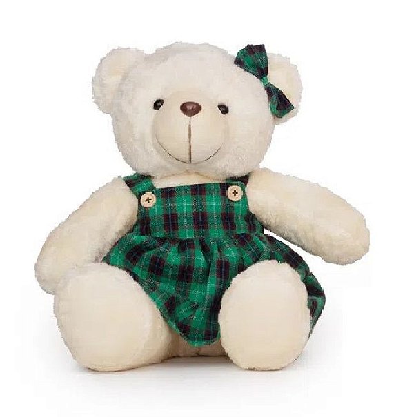 Ursa de Pelúcia Bege com Vestido Xadrez Verde e Preto 32x28x25cm 1 Unidade - Ref 1017441F Cromus
