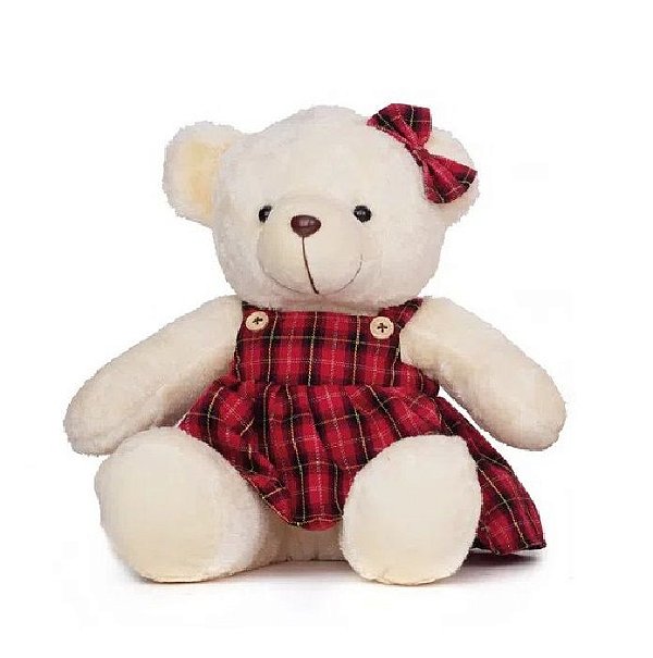 Ursa de Pelúcia Bege com Vestido Xadrez Vermelho e Preto 32x28x25cm 1 Unidade - Ref 1017440F Cromus