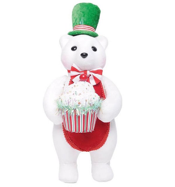 Urso Branco em Pé Segurando Cupcake 34x15x15cm - Coleção Peppermint - Ref 1023707 Cromus