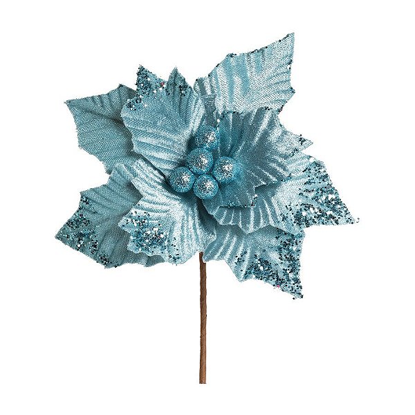 Flor de Natal Poisentia Azul Claro com Glitter - Flores Cabo Curto - Ref 1920672 Cromus