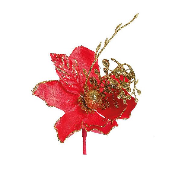 Flor de Natal Magnólia Vermelha e Dourada - Flores Cabo Curto - Ref 1920916 Cromus