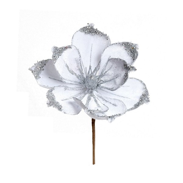 Flor de Natal Magnólia Branca e Prata - Flores Cabo Curto - Ref 1920485 Cromus
