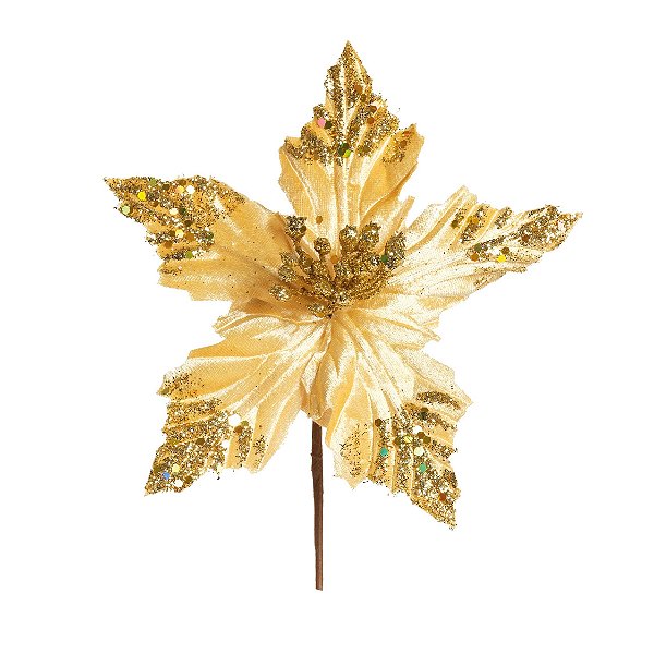 Flor de Natal Poisentia Dourada com Glitter - Flores Cabo Curto - Ref 1920789 Cromus