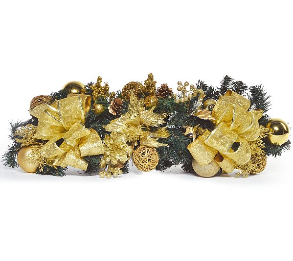 Arranjo Festão Decorado de Natal Flores, Bolas e Laços Dourados 67x14x22cm - Ref 1030643 Cromus