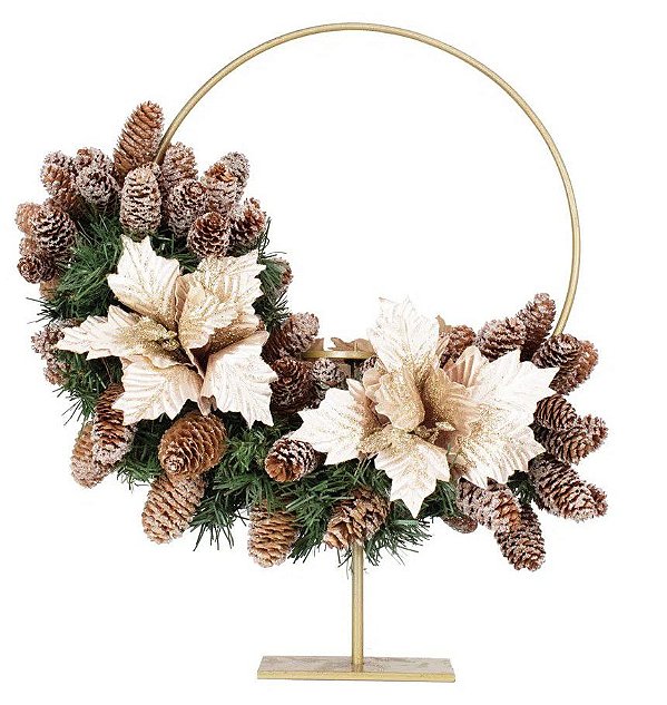 Arranjo de Natal Porta Velas Redondo com Festão e Flores Rosê Gold 52x36x18cm - Ref 1030655 Cromus