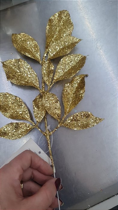 Galho Folhas Ficus Glitter Dourado Cromus - Ref 1022263 Cromus