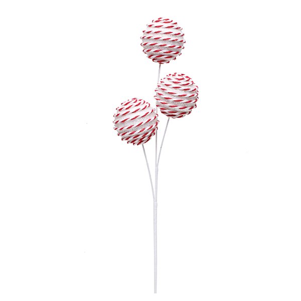Galho Pick de Bolas Listradas Brancas e Vermelha 40x12x6 com 1 Un - Galhos Natalinos - Ref 1203747 Cromus