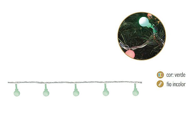Cordão 20 Leds Bola Branca com Luz Verde Fio Incolor 127V 2.3mts - Luzes de Natal - Ref 1214514 Cromus
