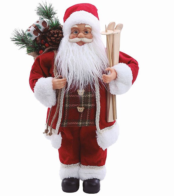 Papai Noel em Pé com Roupa Xadrez Segurando Ski 45cm - Coleção Noeis - Ref 1111108 Cromus