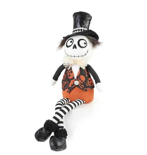 Boneco Esqueleto Sentado com Cartola e Colete de Caveira 40x25x10cm - Ref 29003624 Cromus