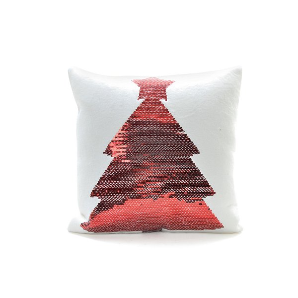 Almofada de Pelúcia Branca com Pinhero Paetê Vermelho 40x40x20xm - Ref 1611986 Cromus