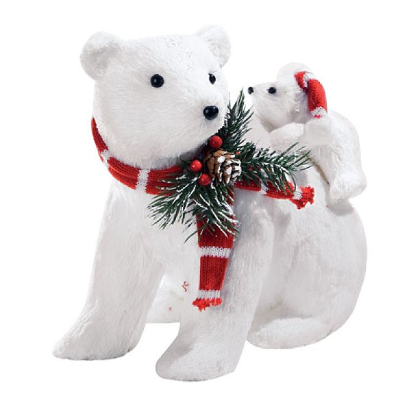 Urso de Palha Branco com Cachecol Carregando Filhote 23x20x28cm - Ref 1101537 Cromus