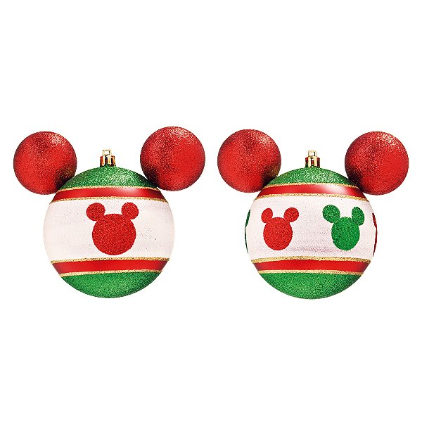 Bola de Natal Silhueta Mickey Branco, Verde e Vermelho 10cm com 2 Un - Ref 1699711 Cromus