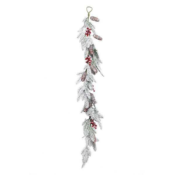 Galho Longo de Pinheiro Nevado com Frutas e Pinhas 140x12x4cm- Ref 1205354 Cromus