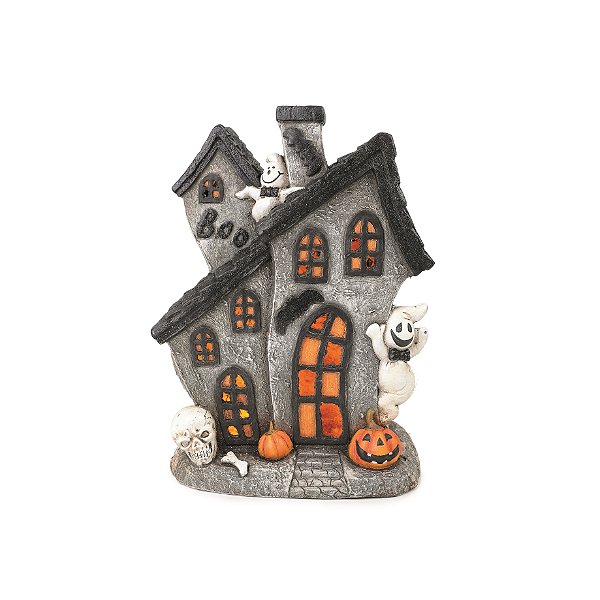 Casa Boo Mau Assombrada de Resina com Luz 36x27x13cm - Halloween - Ref 29003615 Cromus