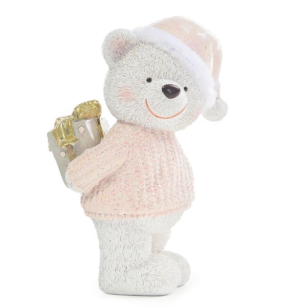 Urso de Resina Branco com Gorro Rosa Claro 13x6x9cm - Ref 1107674 Cromus