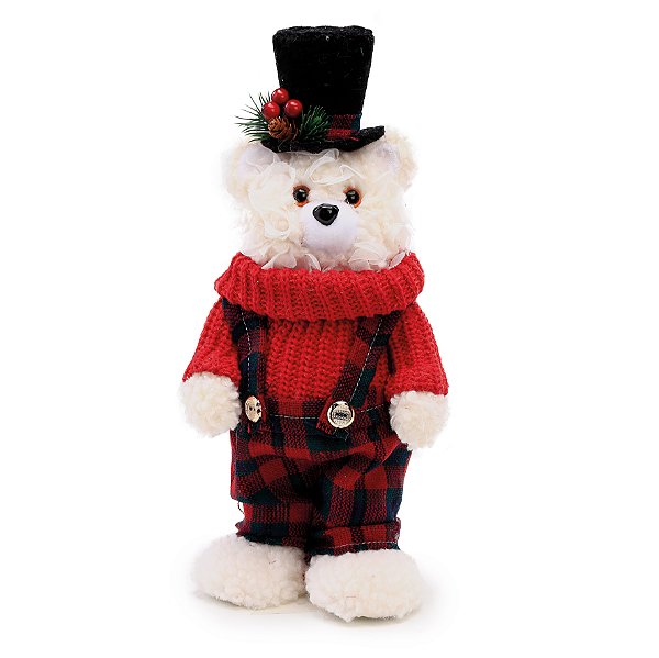 Urso Decorativo em Pé com Jardineira e Chapéu 32x15x12cm - Coleção Escocesa - Ref 1007467 Cromus