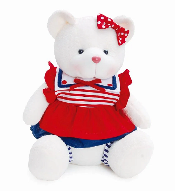 Ursa de Pelúcia Branca com Vestido Marinheira 28x25x20cm - Ref 29000532 Cromus