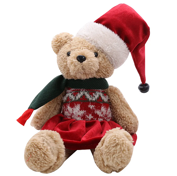 Ursa de Pelúcia Sentada com Vestido e Gorro Noel 34cm - Ref 1104630 Cromus